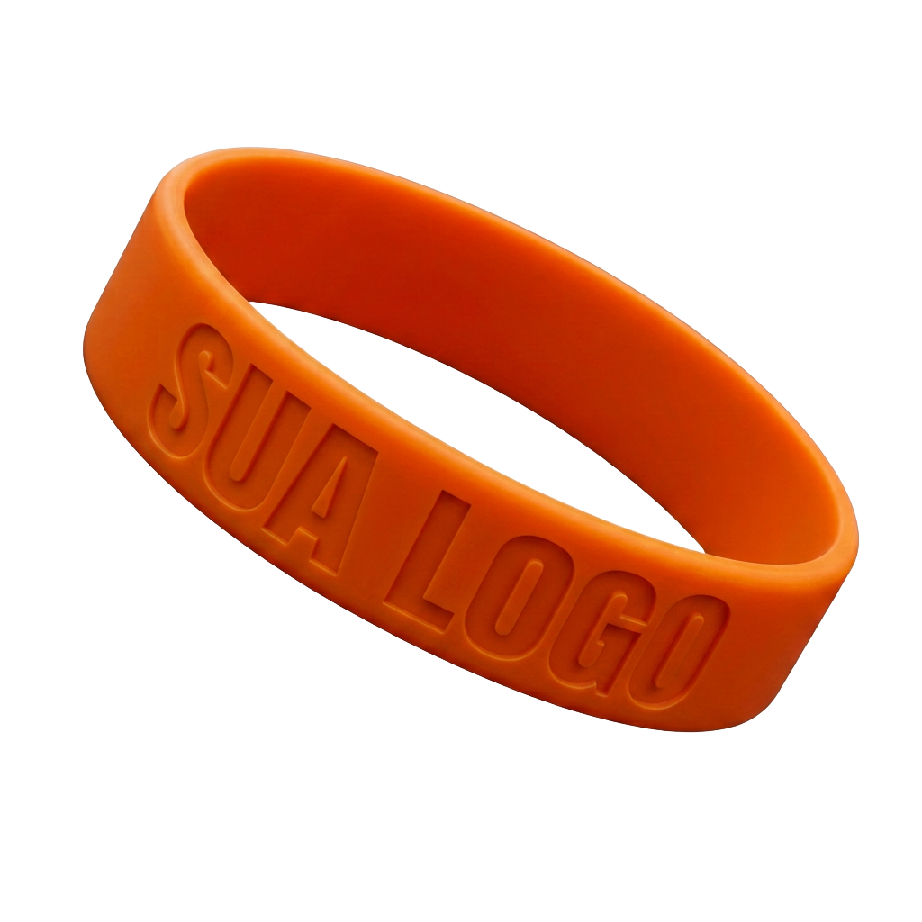 Pulseira de silicone laranja com 'sua logo' gravada em baixo-relevo